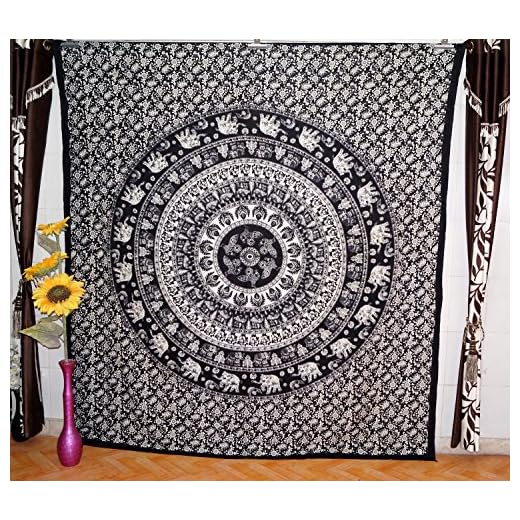 Hippie elefant mandala gobeläng, Indien gobeläng vägghängd, sängkläder i två storlekar, boho sovsal dekor stjärna mandala gobeläng indisk hippy vägg hängande etniskt täcke picknick strandlakan överlägsen kvalitet hippie väggbonad ekologisk bomull överkast av online Big Bazar