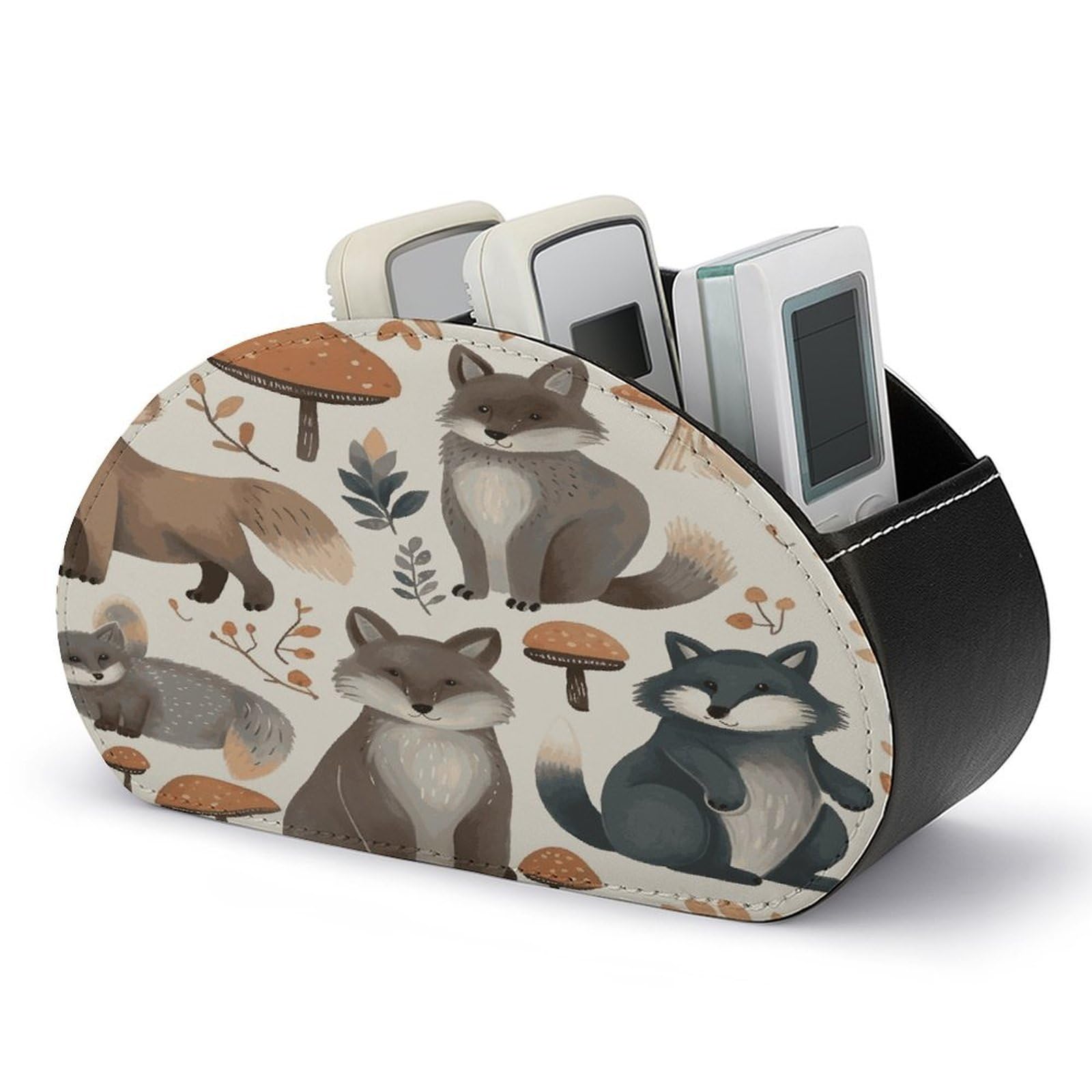 FekiLoot Woodland Raccoon Animals Remote Control Holder with 5 Compartments Multi-functional TV Remote Caddy Organizer Leather TV Remote Holder Desktop Organizer Store for Bedside Table Office Desk