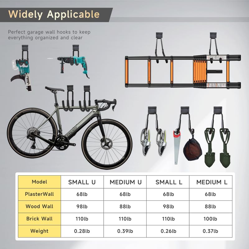GPANDAG 12 robuste Garagenhaken, 2 Größen, 30,8–50,9 kg, große Wandhalterung, lange Fahrradhaken, Wandgaragen-Organizer zum Aufhängen von Fahrrad, Leiter, Gartengeräten, Elektrowerkzeugen, Stühlen