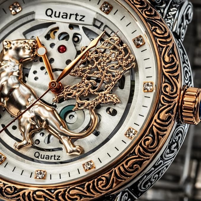 Image of Luxury Gold-Tone Tiger Skeleton Dial Watch, Vintage Carved Pattern Band, Quartz Movement(Copper, Silver)