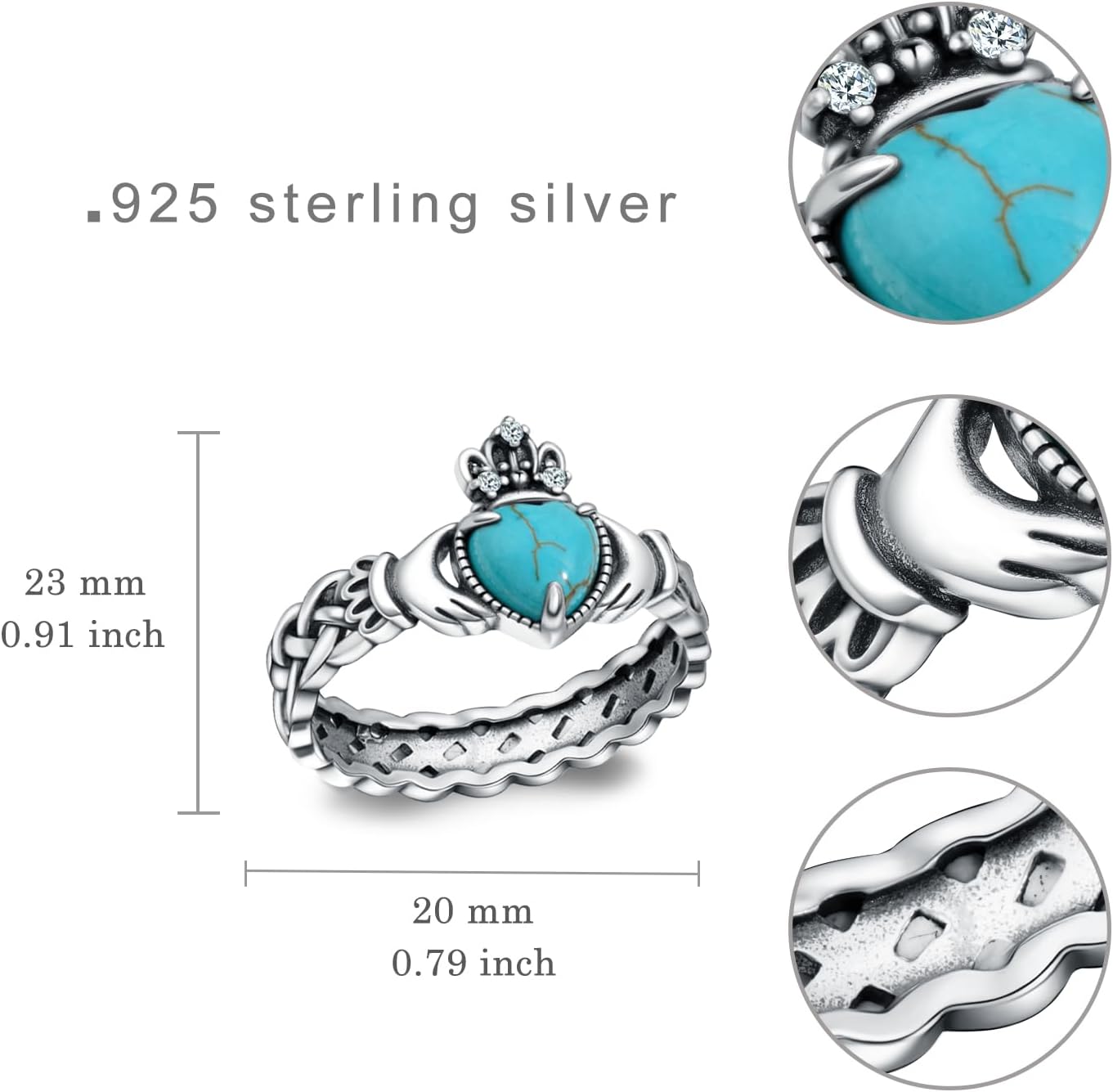 Genuine Turquoise Rings for Women 925 Sterling Silver Claddagh Ring Vintage Real Western Jewelry for Women - Image 4