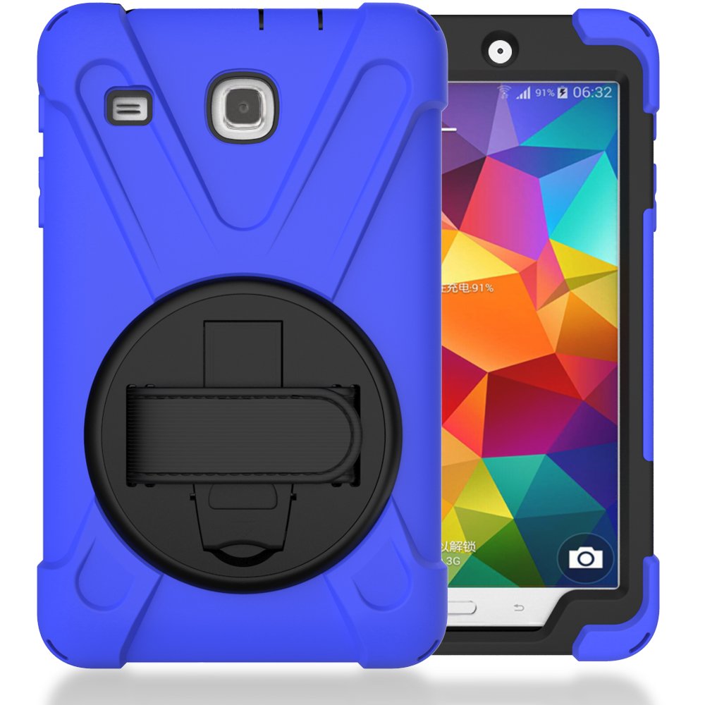 Case for Tab E 8.0" T377 [2016 Release], Shockproof Hybrid Protective Shield Case Cover/Palm Handstrap for Samsung Galaxy Tab E 8.0" SM-T377A / T377V / T377P (W/Blue)