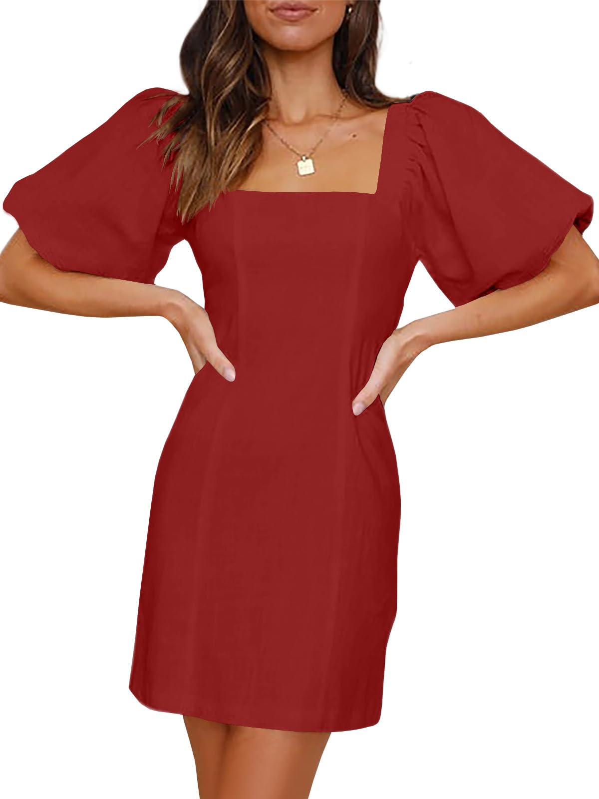Photo 1 of **RUNS BIG** Misng Women's Square Neck Short Puff Sleeves Mini Dresses Stretch Slim Casual Dress with Zipper Red