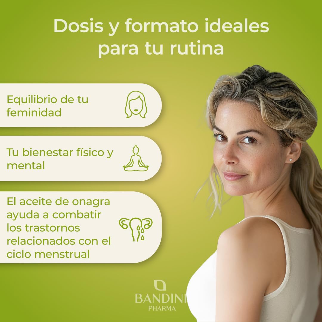 Bandini® Aceite de Onagra 2000 mg - Síntomas menstruales, mantenimiento de piel y huesos - 200 cápsulas blandas - 10% GLA, prensado en frío, con vitamina E - Antioxidante y para la menopausia