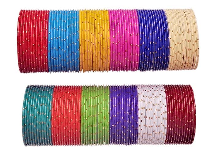 Rudra Metal Bangles with Base Metal Spreads with Golden Zari Pots and Cutting Pattern Glossy Finished Bangle Set For Women and Girls (Pack of 144 Bangles)