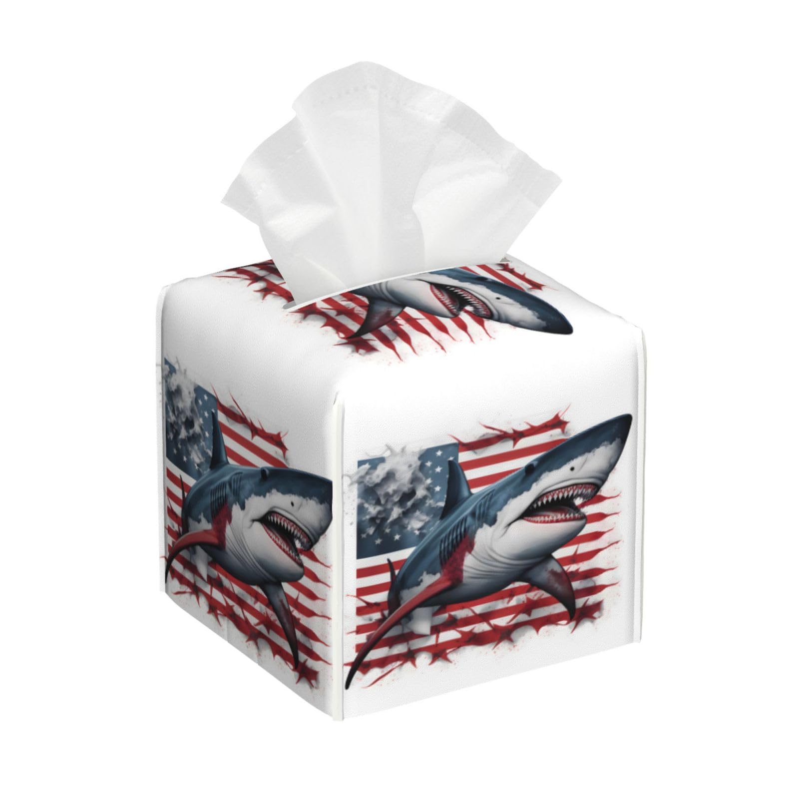 Square Tissue Box Cover, Leather Tissue Cube Box Holder, Ocean Animal Ferocious Shark American Flag Facial Paper Case for Tabletop, Bathroom, Car, Office 5.2"x5.2"x5.2"in