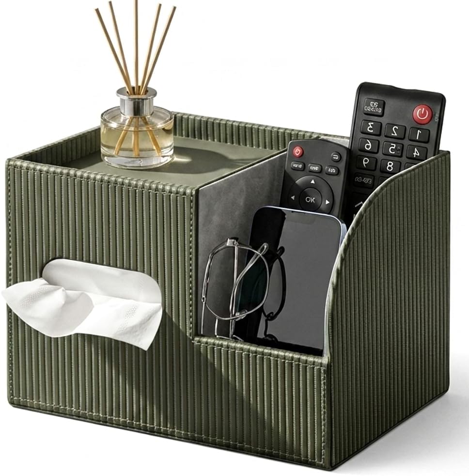 Modern PU Leather Cube Tissue Box Cover with Storage Tray, Multifunctional Remote Control Holder & Facial Tissue Dispenser Organizer for Nightstand, Bathroom, Bedroom, Office & Home Decor