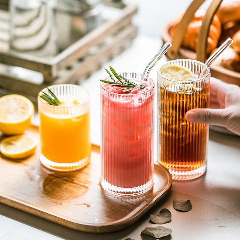 Drinking Glasses with Origami Style Set of 4 Glass Cups, 12 oz Ribbed Glassware, Highball Glass Cups, Elegant Art Deco Ripple Vintage Glassware, Juice Glasses, Ideal for Cocktail, Beer - Image 9