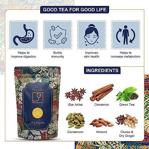 Image of Dabri Kashmiri Kahwa Green Tea 100 gm Pouch|Natural Ingredients & Original Flavour of kesar |Blended with Saffron, Almonds, Spices | Fastens Metabolism, Improves Digestion & Blood Circulation