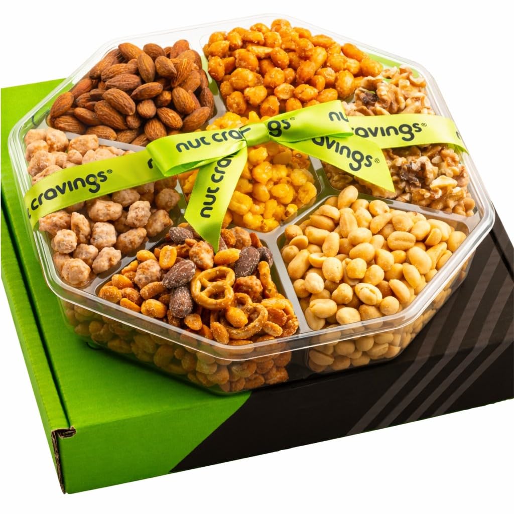 NUT CRAVINGS - Purim Mishloach Manot Mixed Nuts Gift Basket + Green Ribbon Classic (7 Assortments, 1 LB) Ramadan Gifts Treats for Adults, Food Arrangement, Healthy Snack Care Package, Kosher