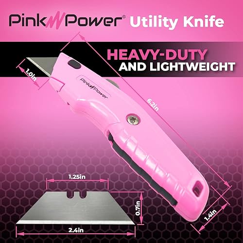 Miniatura 5 de Cortador de caja rosa retráctil, cuchillo utilitario rosa para alfombra, cuchillo cortador de caja resistente con 3 cuchillas y compartimento de