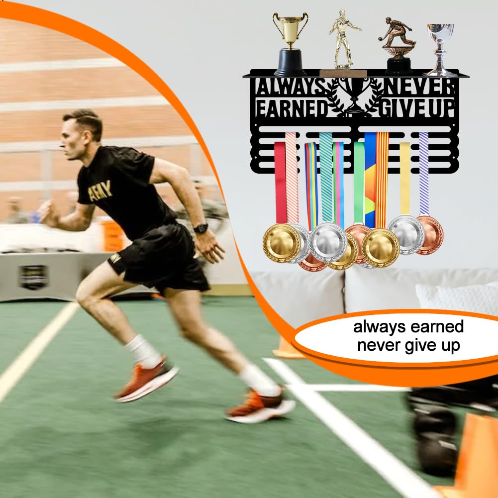 SUPERDANT Always Earned Never Given Trophy and Medal Display Shelf Medal Hanger Holder Displaying 4 Rows Race Medal Display and Medal Hanger with Shelf for Athletes Sports Awards Storage - Image 4