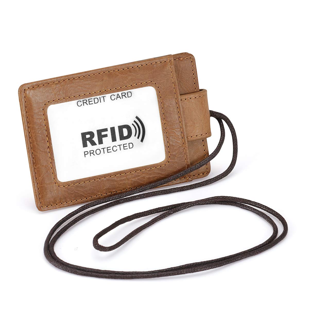 HAWEE ID Lanyard Badge Holder RFID Blocking Genuine Leather Name Badges Pack Vertical Strap& Card Pouch, Brown