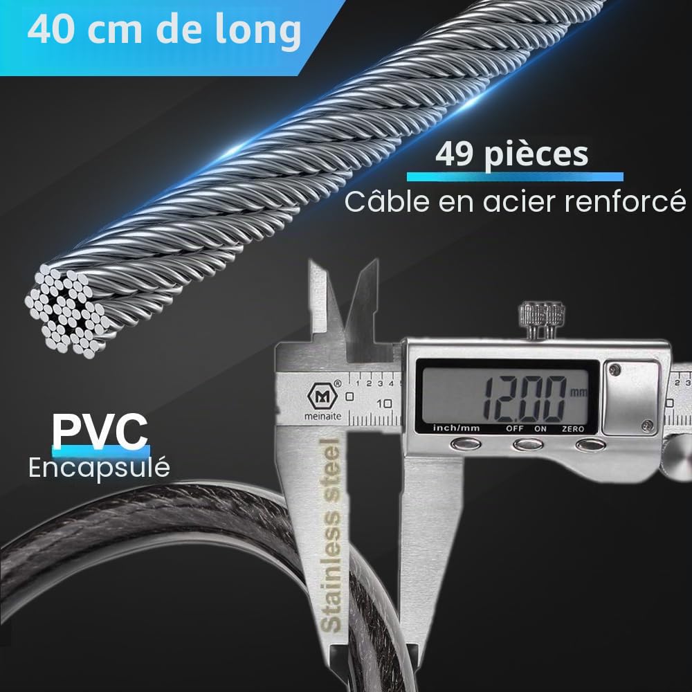 eLinkSmart Cadenas de vélo para empreintes digitales et applications téléphoniques - 40 mm - Étanche - Câble en acier sans clé - Verrou de voyage
