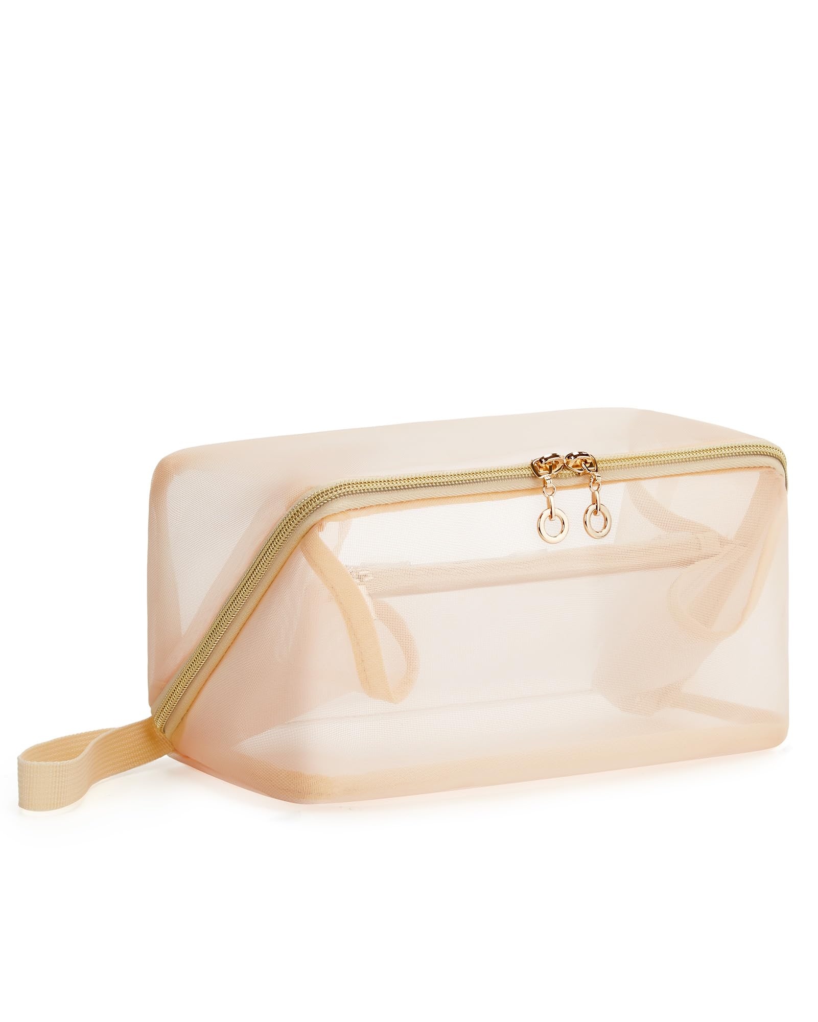 BAGSMART Makeup Bag Travel Cosmetic Bag, Large Makeup Bag for Women, Mesh Makeup Bags Portable Travel Essentials Pouch Open Flat Make Up Organizer Bag for Toiletries, Brushes, Brown