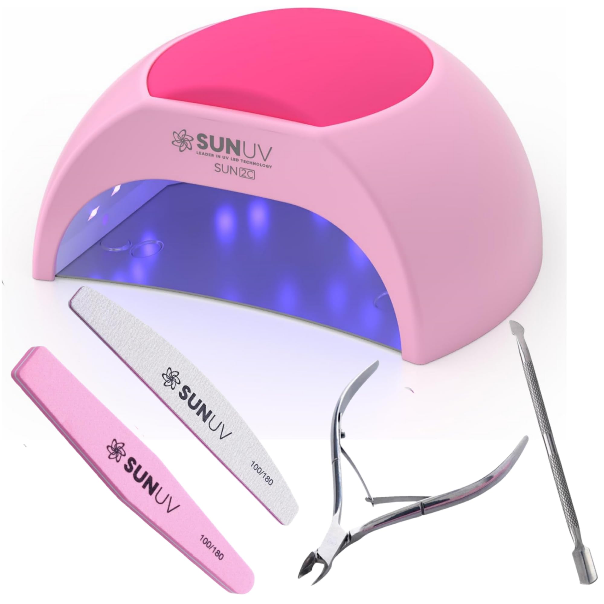 SUNUV 48W UV LED Nail Lamp SUN2C Pink,4PCS Cuticle Nippers, Cuticle Pusher with Nail File and Nail Buffer Set