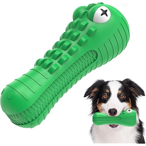 NOUGAT Tough Dog Toys for Aggressive Chewers, Squeaky Dog Chew Toys Natural Rubber Milk Flavor for Medium Large Dogs (Green, Crocodile)
