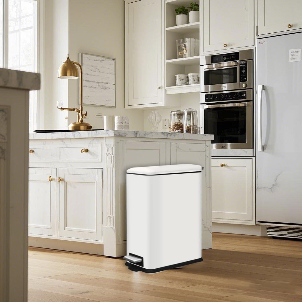 Mülleimer Küche, Schmaler Abfalleimer mit Deckel, Weiß Mülleimer | 30 Liter, Edelstahl Küchenmülleime, Küchenmülleimer mit Softclose-Deckel, Inneneimer, Treteimer für Küche,Wohnzimmer und Büro