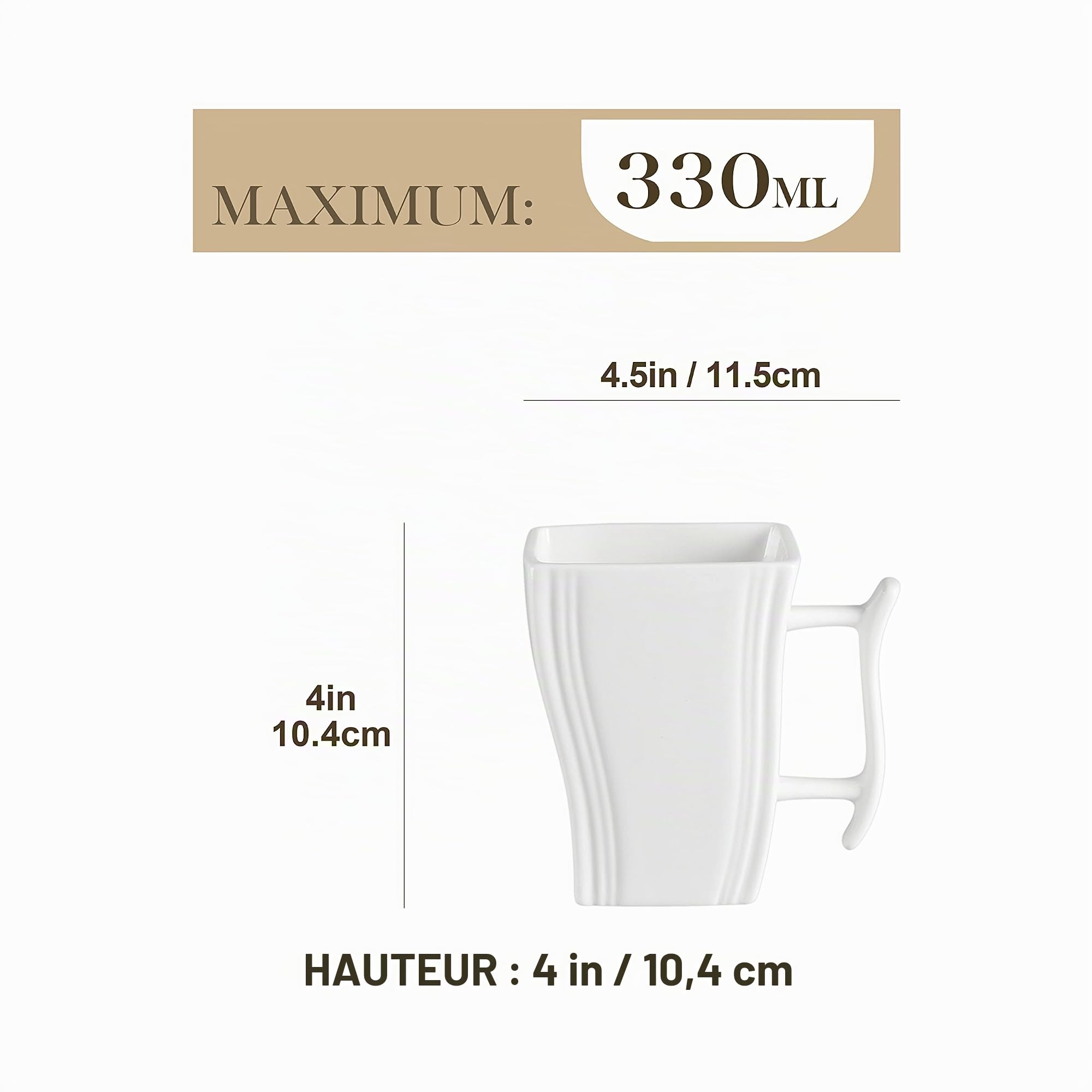 MALACASA Série Flora 6 Mugs Blanches en Porcelaine, 330 ML Tasses Service à Café, Tasses Carrée pour Thé Capuccino Chocolat, Passe au Lave-Vaisselle