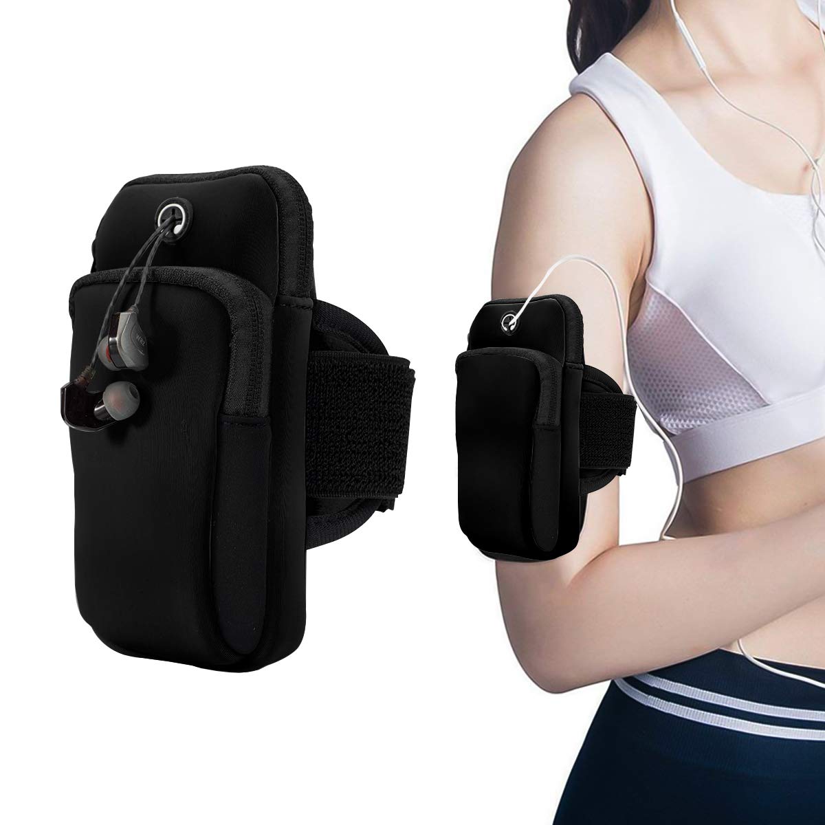 MEQUEROutdoor Sports Arm Bag - Multifunctional Armband With Double Pouch, ID Card Holder, Keys and Mobile Phone Storage (Black)