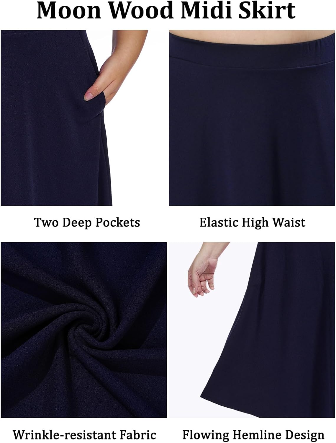 Moon Wood Women's Plus Size Midi Skirt High Elastic Waist A-Line Flared Skater Skirts with Pockets - Image 4