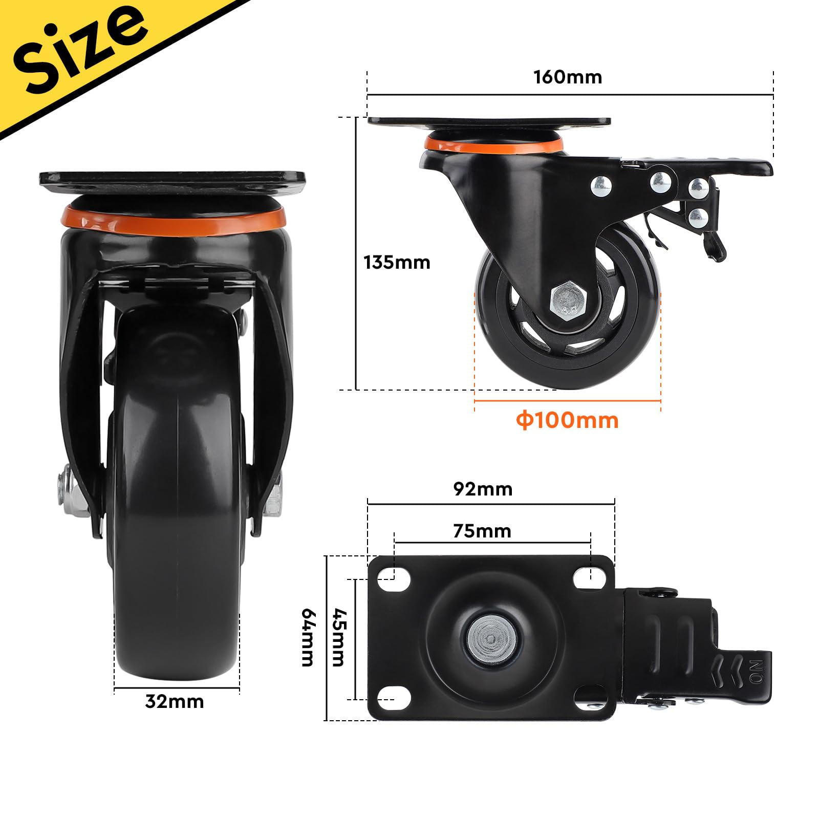 eyepower 4 Stuks 360° Zwenkwiel 75mm - M10 Zwaarlast Wielen met Schroefdraad Nylon Zwenkwielen met Draadpen Meubelwielen Zwaarlastwielen voor Meubels Bureauwielen Werkbankwielen Kastwielen Plankwielen