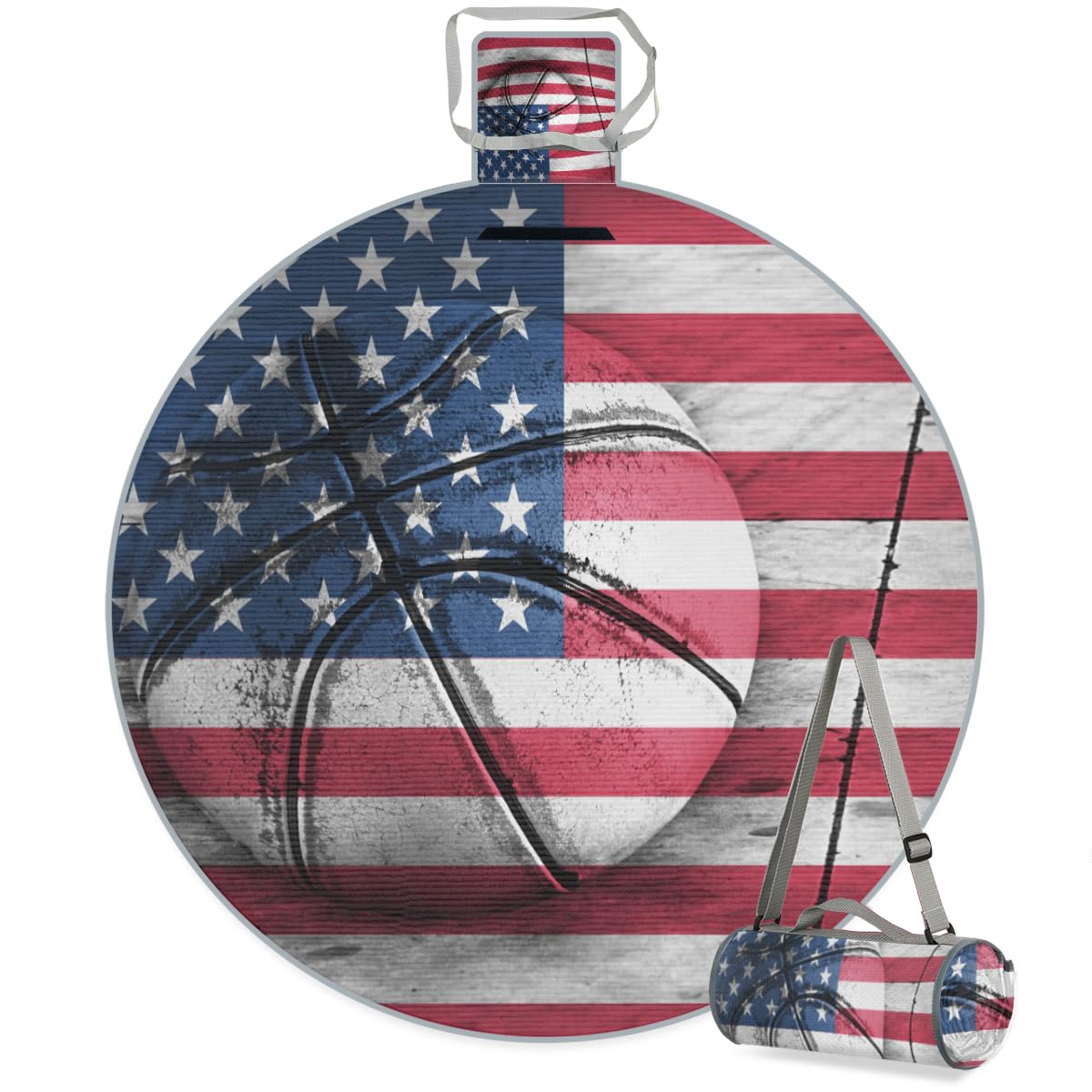 Shimoshe American Flag Basketball Picnic Outdoor Blanket Foldable Waterproof Sandproof Beach Blanket Portable Water-Resistant Round Picnic Mat for Travel Camping Park Lawn