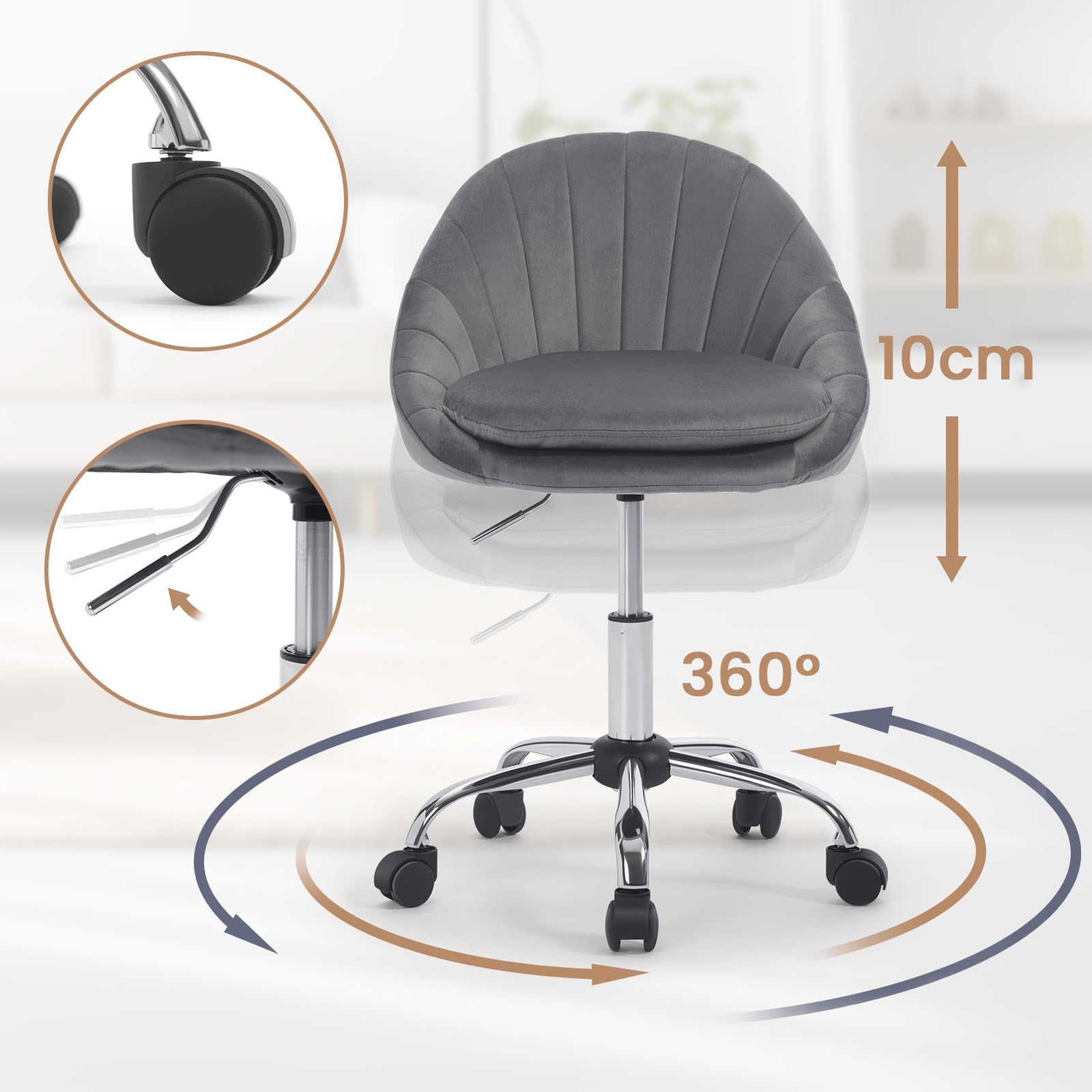 WOLTU Sedia da Scrivania per Casa, Sedia Trucco, Velluto, Grigio Scuro | Regolabile in Altezza con Rotelle, Girevole Ergonomica, Ufficio, Camera da Letto, Studio