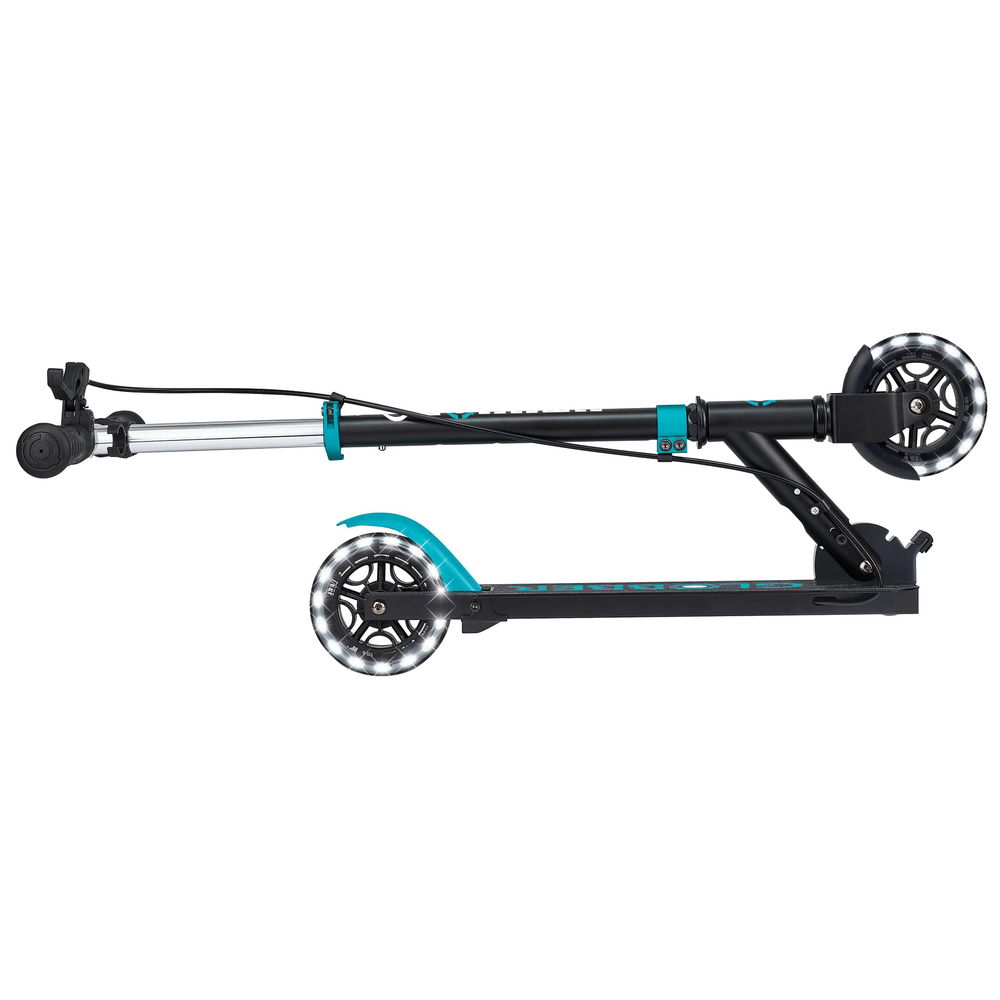 Globber FLOW ELEMENT JUNIOR LIGHTS składana hulajnoga na 2 koła z hamulcem tylnym, regulowaną kierownicą i diodami LED, dla dzieci w wieku od 4 lat, turkusowa