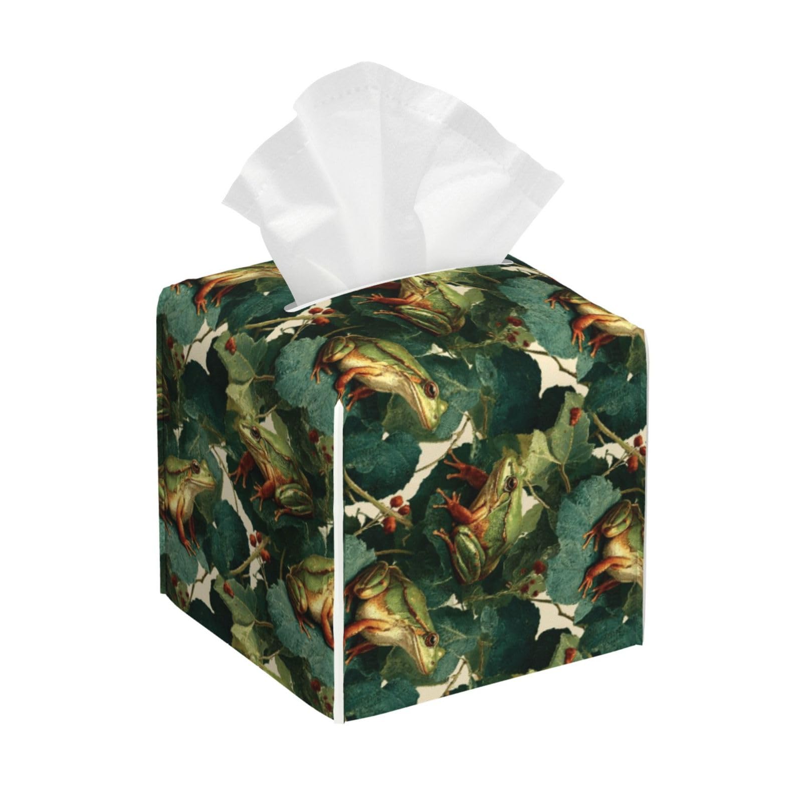 Green Tropical Jungle Frog Print Tissue Box Cover Holder Square, Foldable Modern Cube Tissue Box Cover, Leather Decorative Organizer for Tabletop Bathroom Car Office Desk Decor