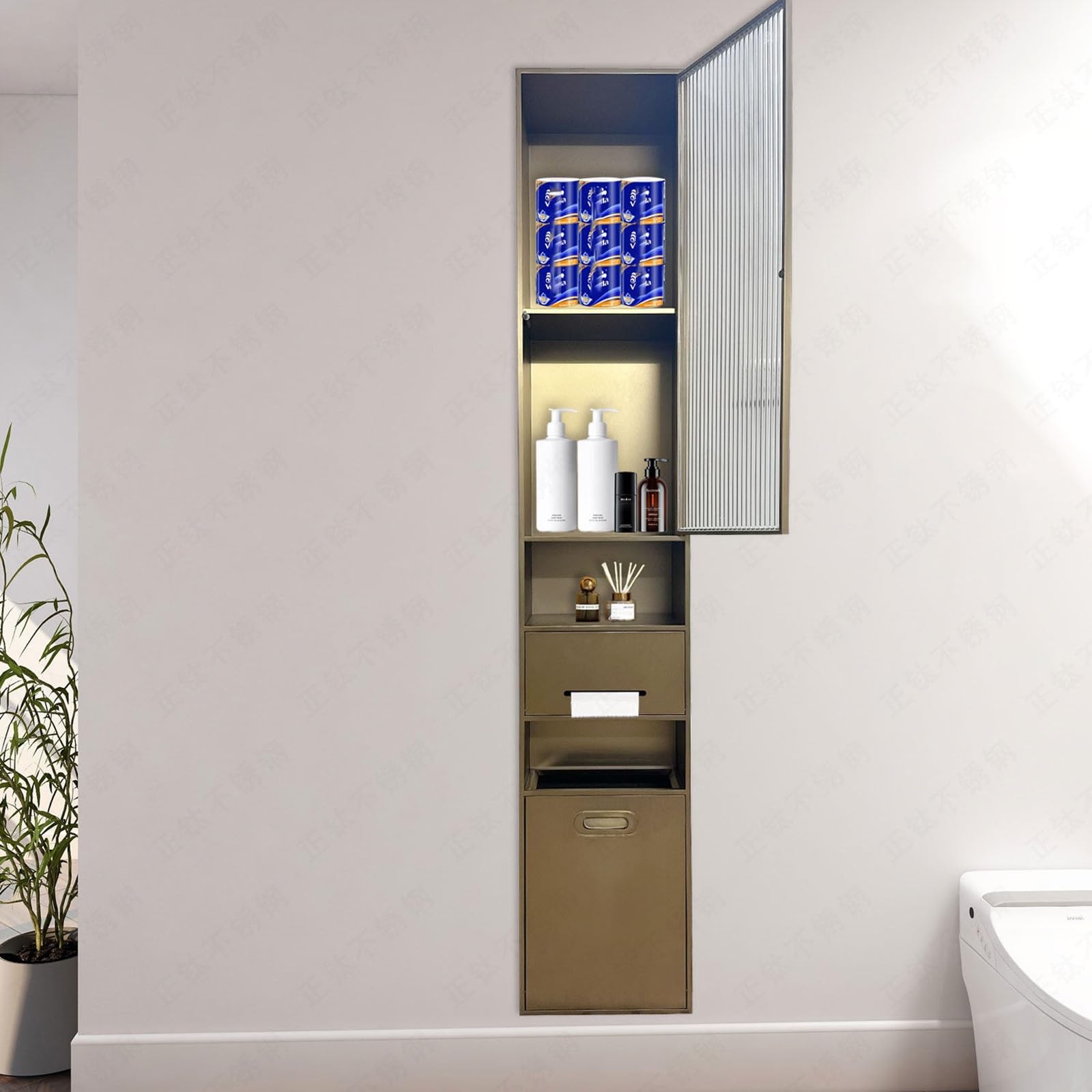 Portarrollos de Papel Higiénico Empotrable con Cubo de Basura Integrado, Hornacina de Baño de Acero Inoxidable 304, Armario de Pared con Contenedor de Residuos Oculto(Gold)