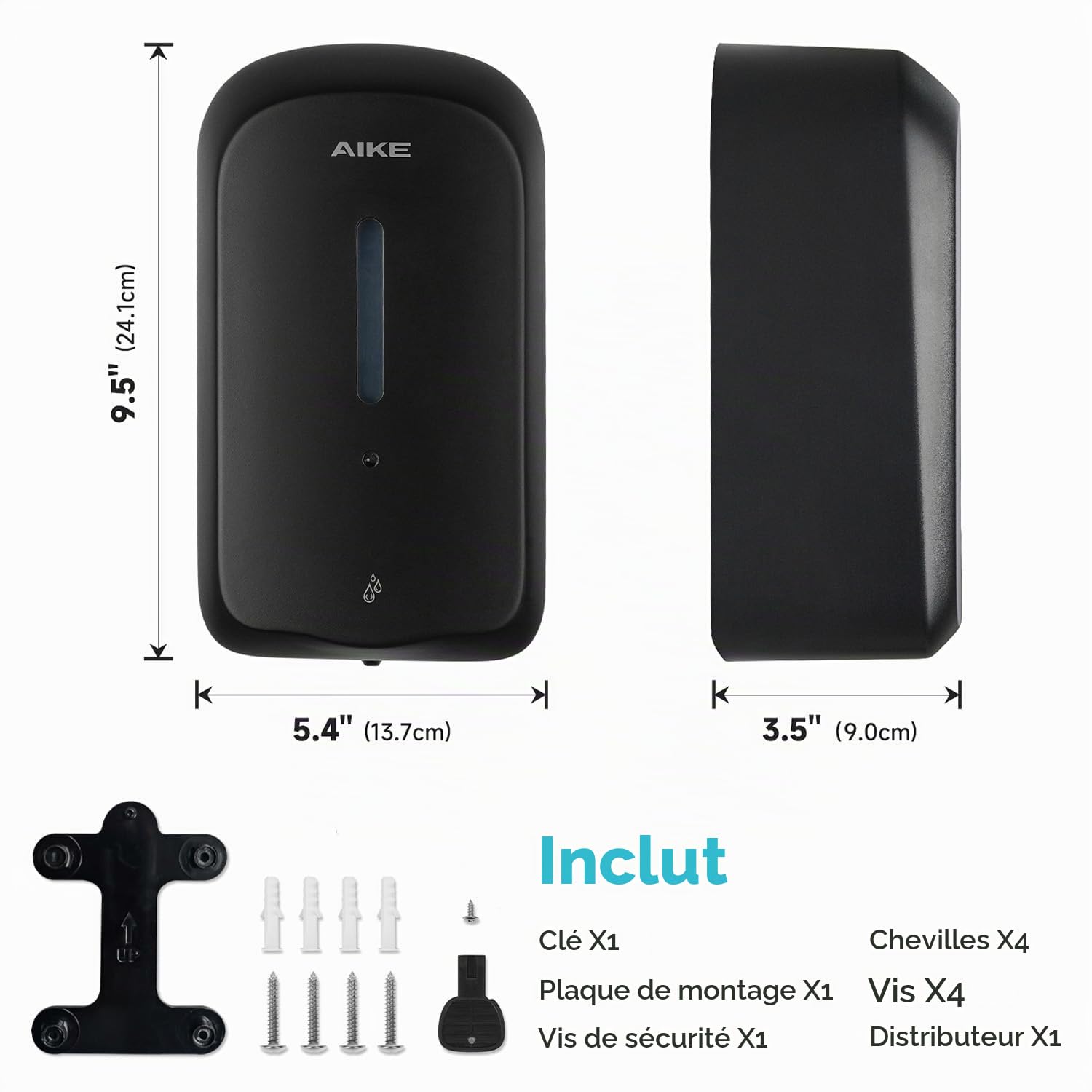 AIKE 1000 ML Distributeur De Savon Automatique Mural, Public Et Commercial | Conception Anti-effraction,Réglage En 5 Niveaux, Autonomie De 3 Mois, Adapté Aux Centres Commerciaux, Hôpitaux Et Usines