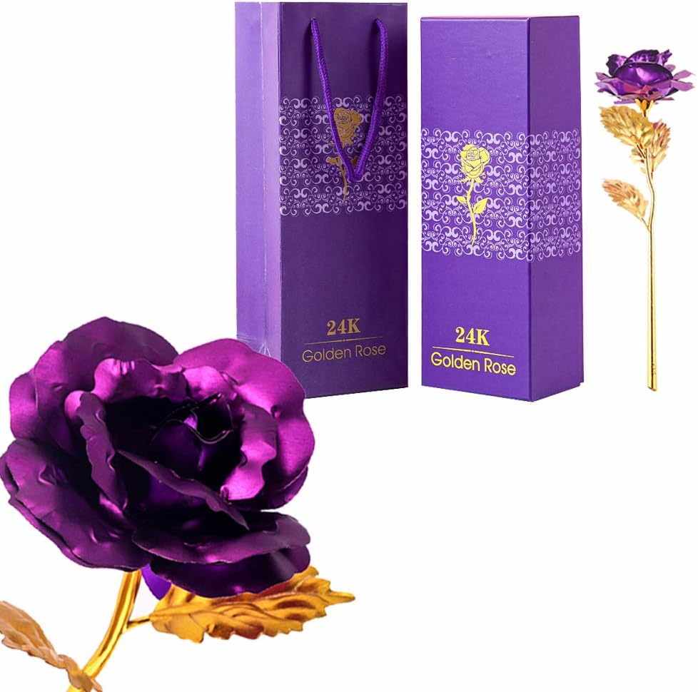 24K Purple Rose Flower, Gold Dipped Rose 24K Forever Rose with Gift Box and Bag for Lover Mother Friends, Christmas Thanksgiving Wedding Anniversary Mother's Day Valentine's Day