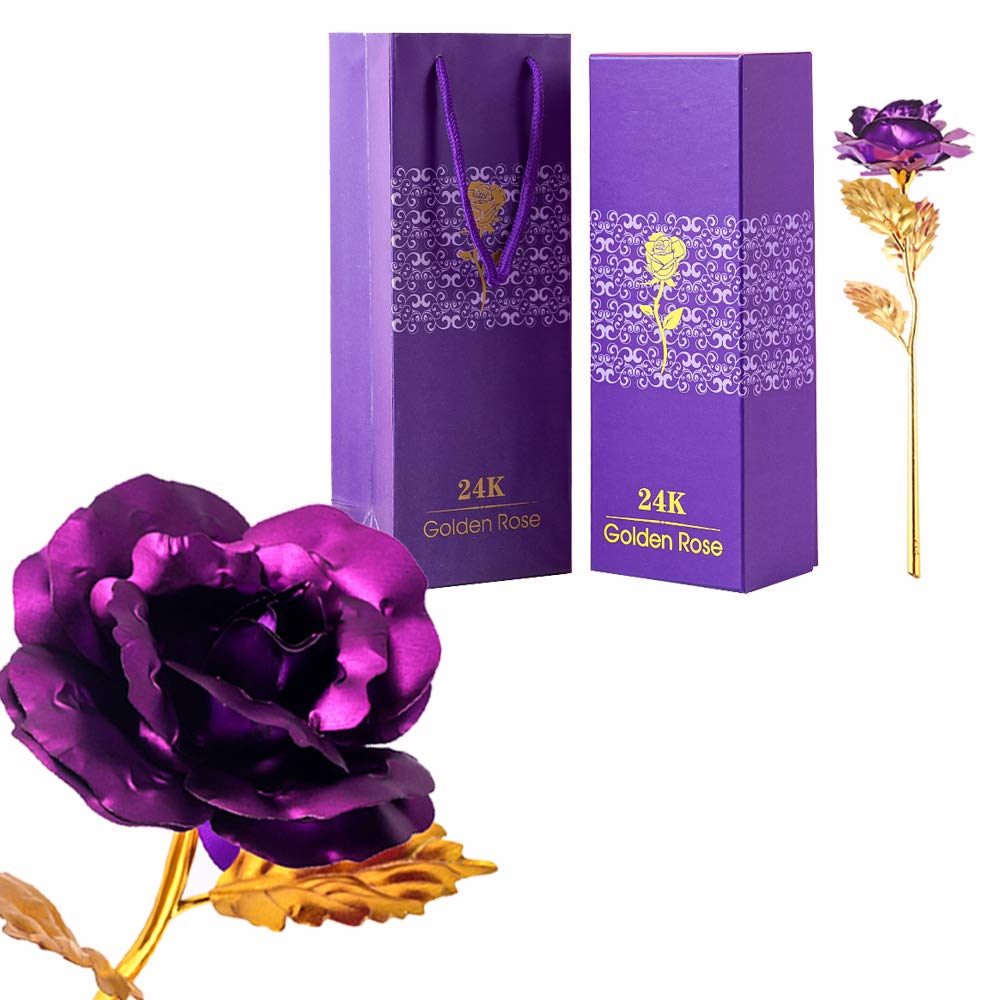 TINYOUTH 24K Purple Rose Flower, Gold Dipped Rose 24K Forever Rose with Gift Box and Bag for Lover Mother Friends, Christmas Thanksgiving Wedding Anniversary Mother's Day Valentine's Day