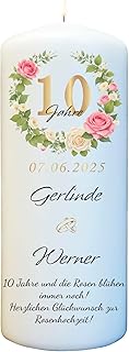 Rosenhochzeit Kerze mit Namen & Wunschtext personalisiert - Geschenk zum 10 Hochzeitstag (25cm x 8cm)