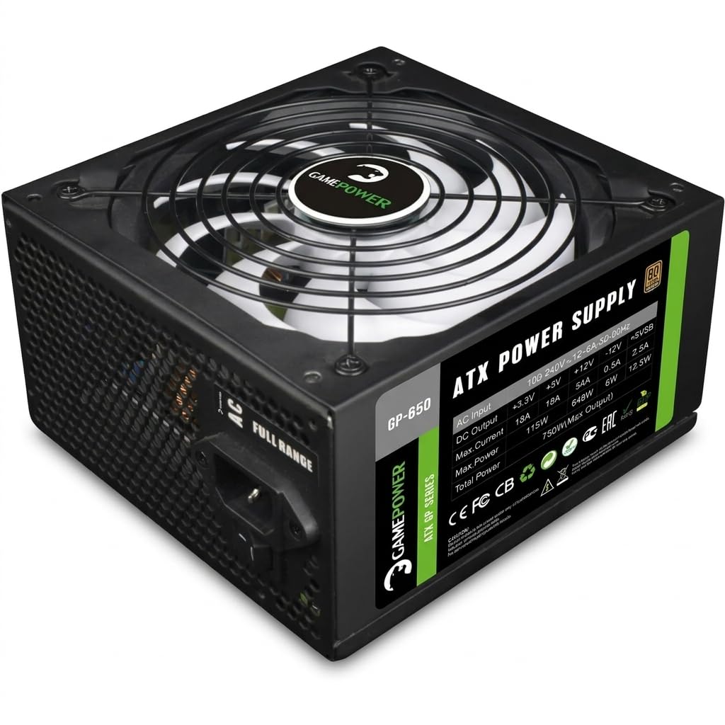 GAMEPOWER GP-650 ATX Netzteil, 650W, 80 Plus Bronze Zertifiziert, Ultra-leise 140-mm Lüfter, Aktive PFC-Effizienz, Effizienz von bis zu 85%, Gaming PC Power Supply