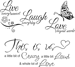 2 Sheets Live Love Laugh Wall Stickers with This is Us Crazy Loud Love Wall Decal, Vinyl Inspirational Family Quote Lettering Wall Decals Art for Bedroom Living Room Home Decorations, 27x58cm,Black