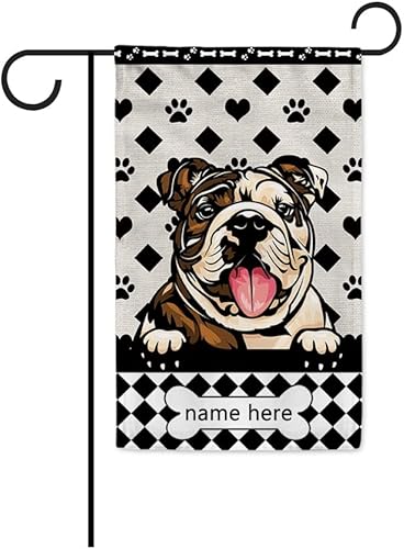 MALIHONG Bandera de jardín personalizada para perro, divertida bandera de perro que mira a cuadros, Bulldog inglés, a cuadros, para patio al aire