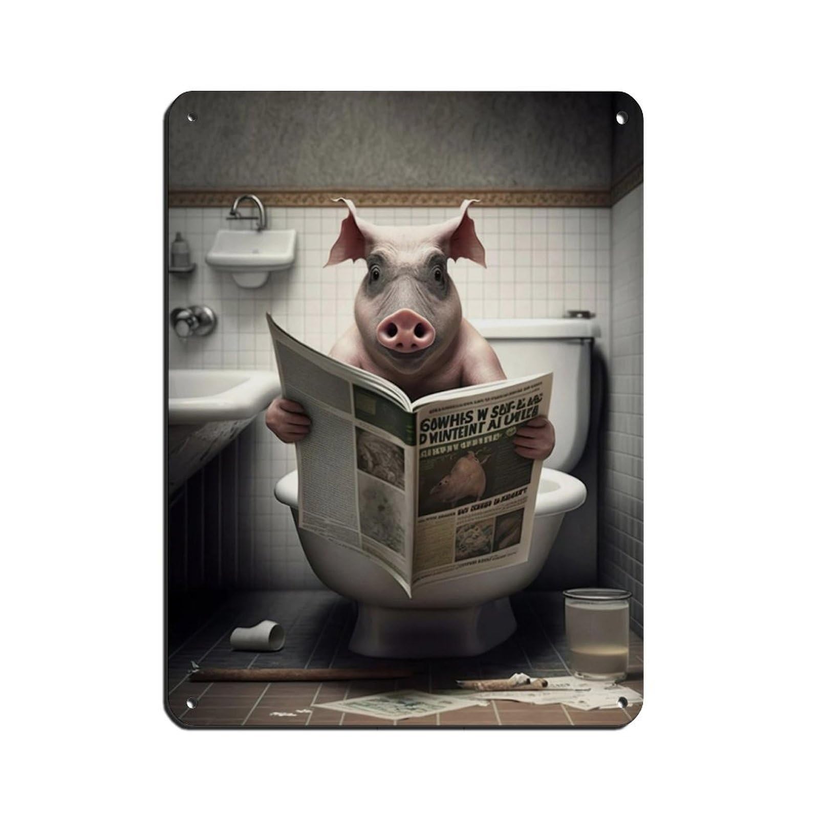 Pig Sitting on The Toilet Reading A Newspaper (2) Tin Sign Vintage Metal Pub Club Cafe Bar Home Wall Art Decoration Poster Retro 12x16inch(30x40cm)