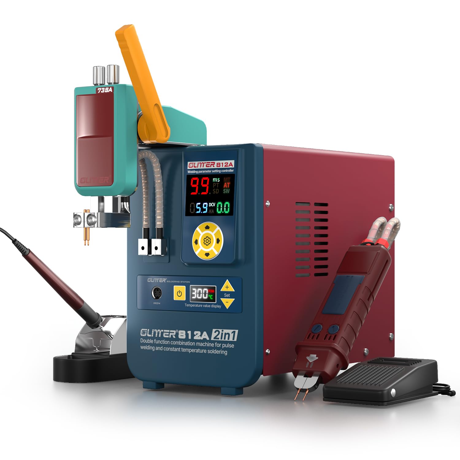 GLITTER 812A 2-in-1 Batterie-Punktschweißgerät und Lötstation, 14500W, 2500A, mit AT/MT-Modus, Schwenkarm und Fußpedal, für LiFePO4 LFP Lithium-Batterien