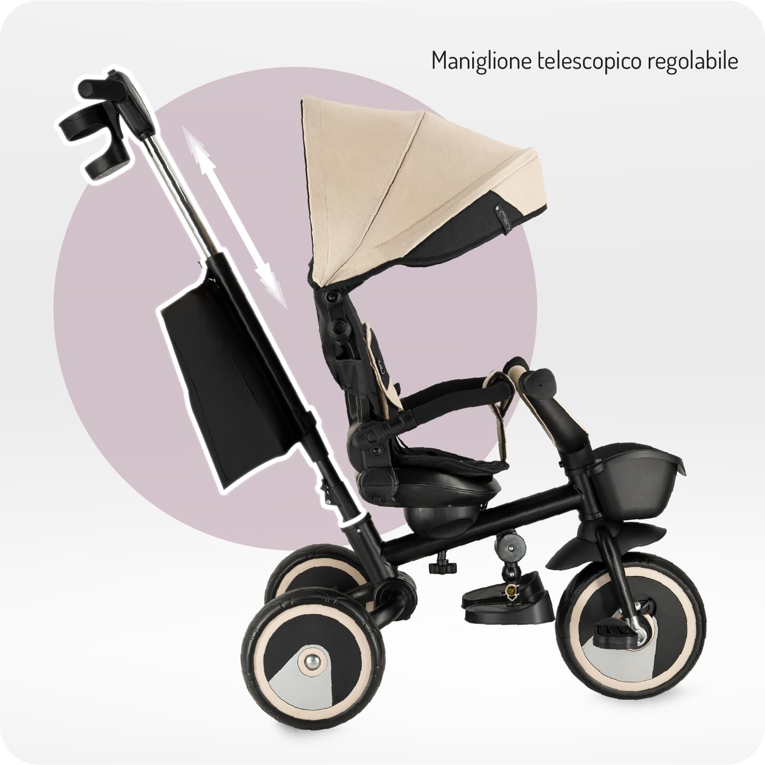 Triciclo per bambini MoMi IVI, seduta girevole 360°, cinture a 3 punti, poggiapiedi, tettuccio parasole, ruote EVA, manubrio regolabile, borsa e cestino portaoggetti