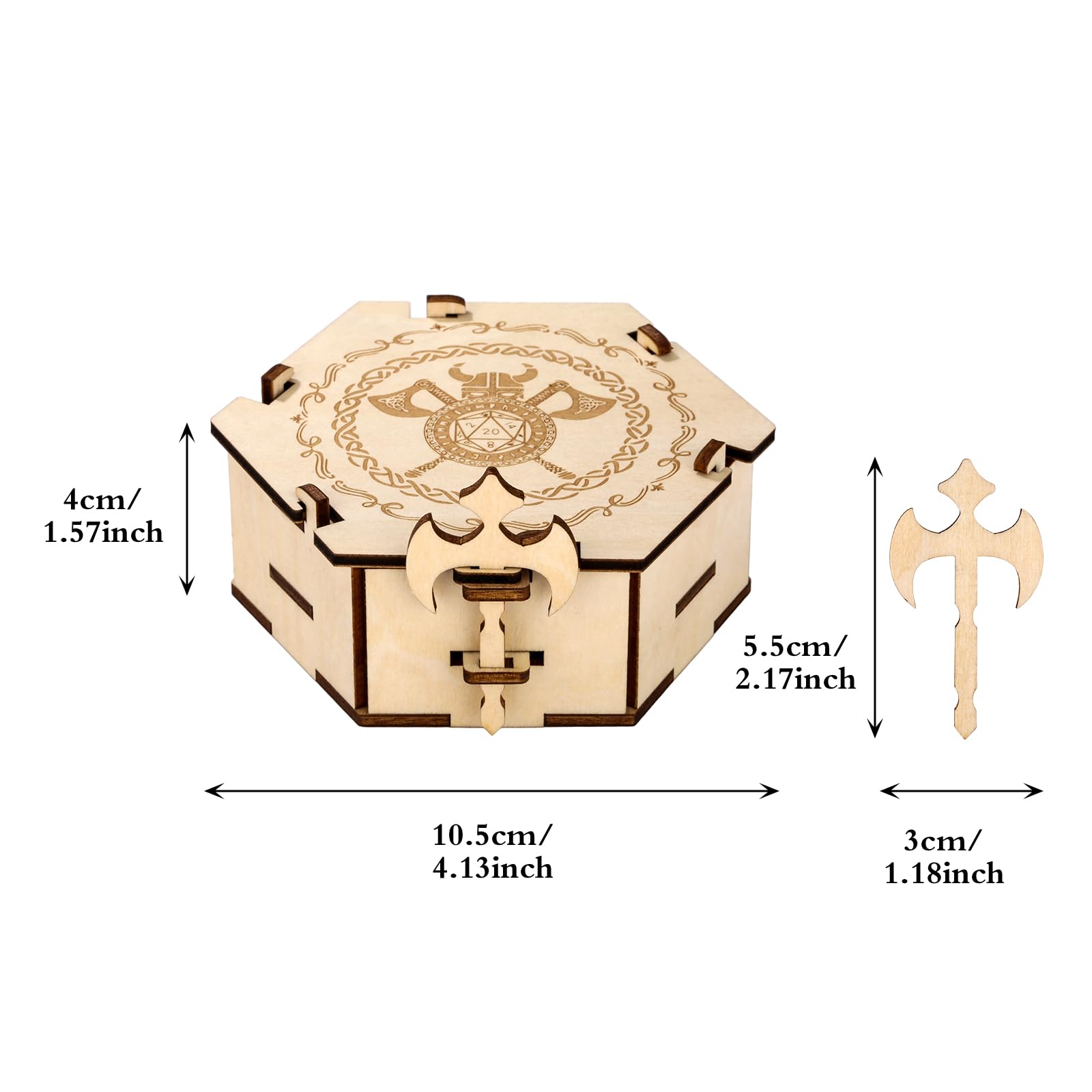 Würfel Box Aufbewahrung, 7 Polyedrische Würfel, D&D Zubehör, Holz Hexagon Wikinger Muster mit Axt, Rollenspiele Satz, Würfelbox DND, Geschenke für Tabletop Spieler