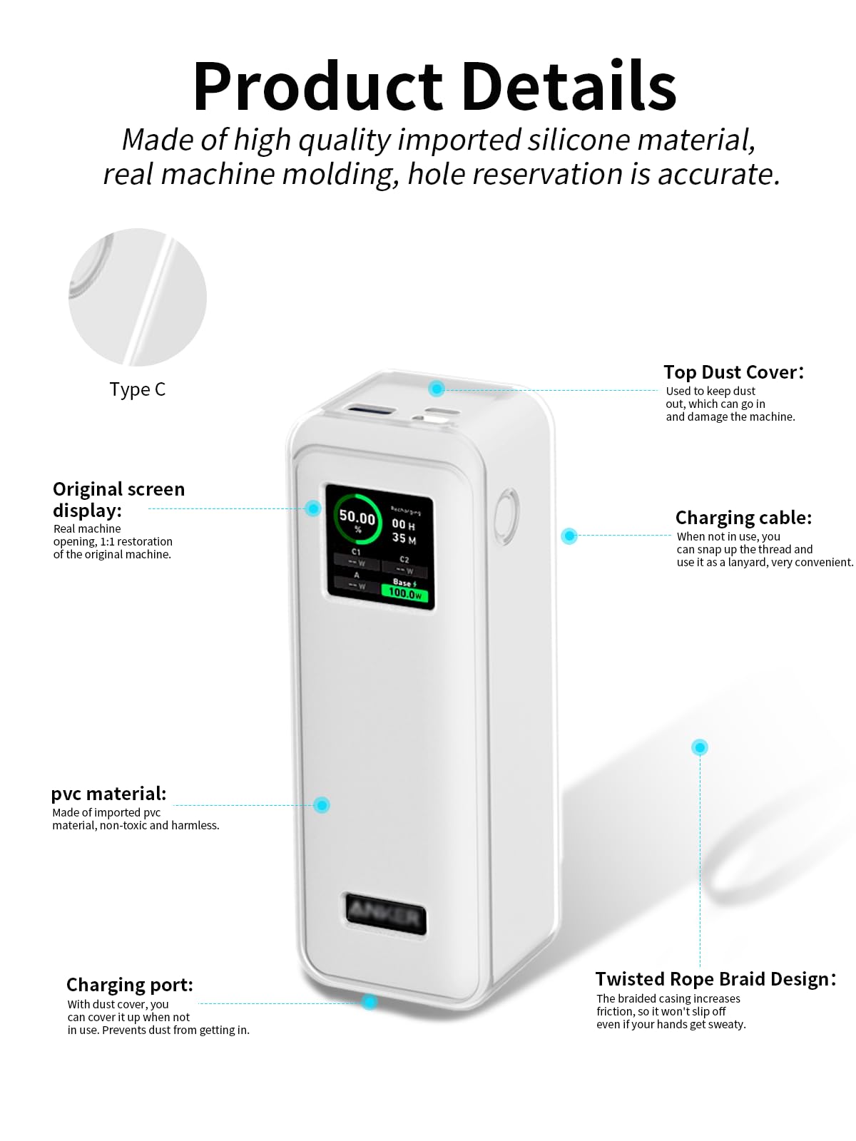 Etui ochronne z silikonu dla Power Banku Anker Prime 27650mAH (250W) - odporne na wstrząsy, zarysowania i poślizgnięcia, antypoślizgowe, można myć, wygodne w trzymaniu, przezroczyste