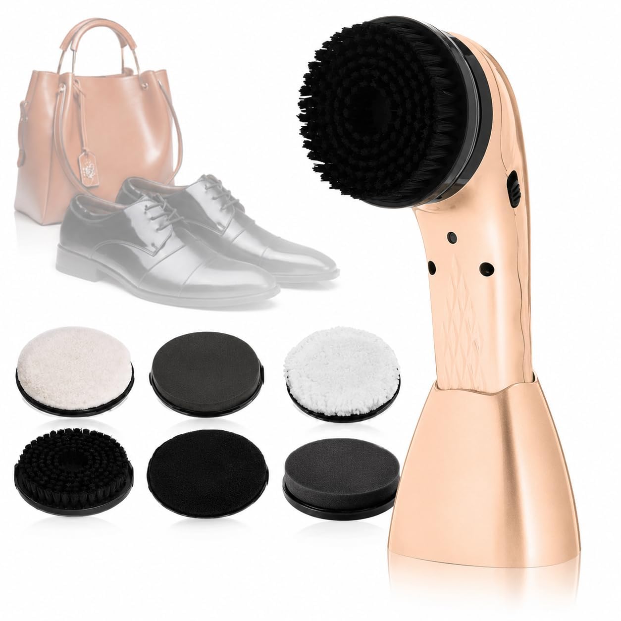 Lucidascarpe Elettrico Portatile, Kit per Lucidare Scarpe Ricaricabile, con 6 Testine, Base di Supporto, Testina Rotante, per Pulire E Lucidare Scarpe E Borse in Pelle