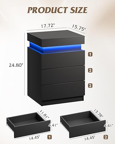 Miniatura 3 de WLIVE Mesita de noche con estación de carga y luces LED, moderna mesita de noche con 3 cajones y parte superior deslizante, mesa auxiliar con