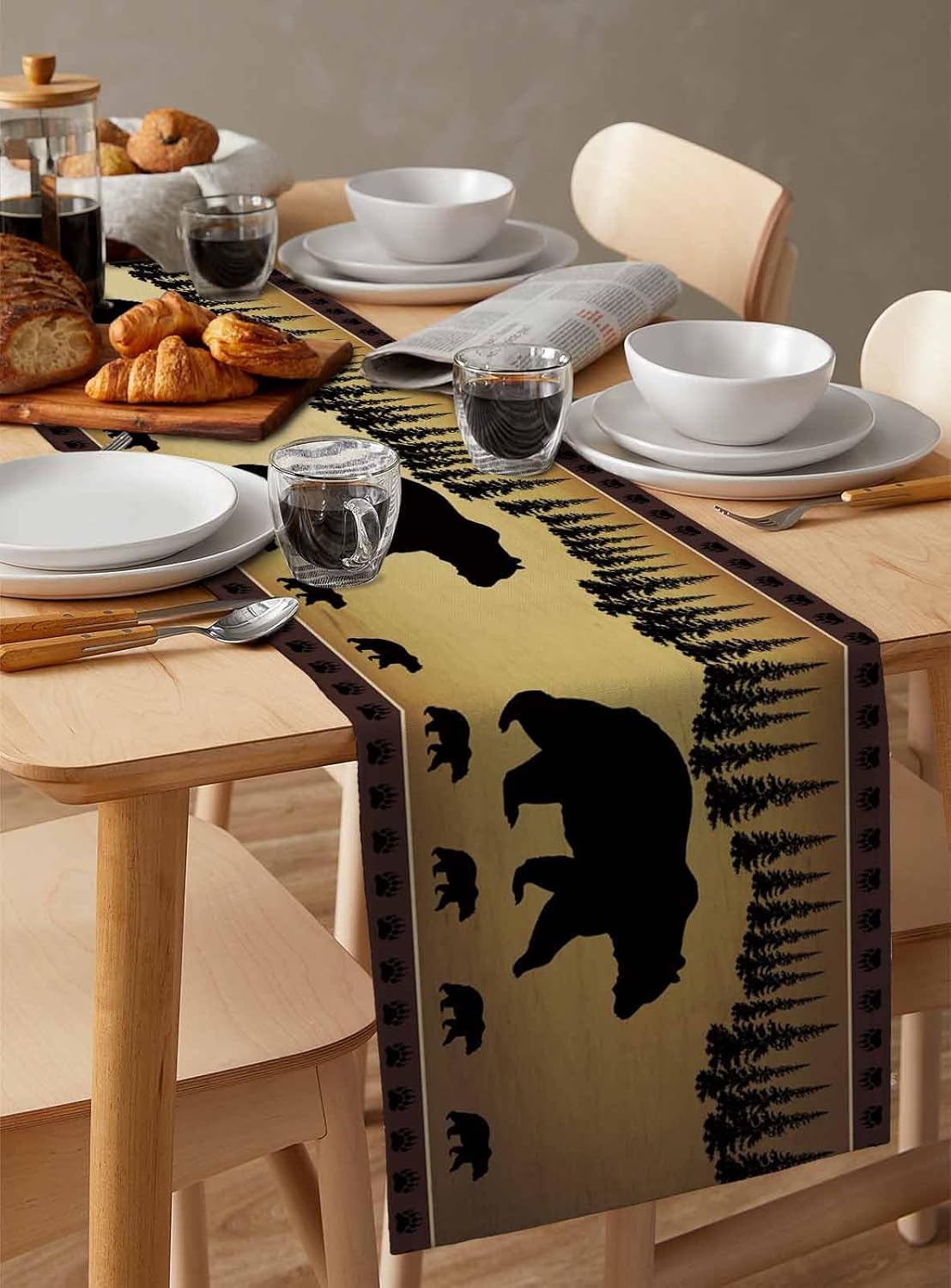 Polar Bear Table Runner, Vintage Animals Pine Trees Country Cotton Linen Table Runners for Dinner, Party, Wedding, Catering Events, Holiday, Farmhouse, Dresser Scarves Decor 13x90 inch