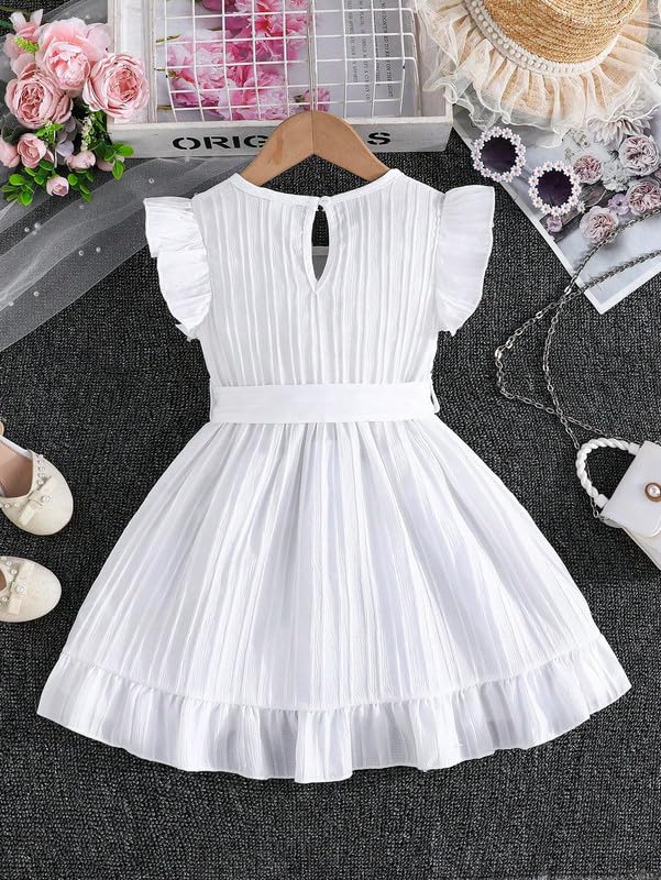 Image of Niren Enterprise Girls' Frill Pleated Design, Ruffle Sleeves, Bow Waist, Elegant Summer & Birthday Party Dress
