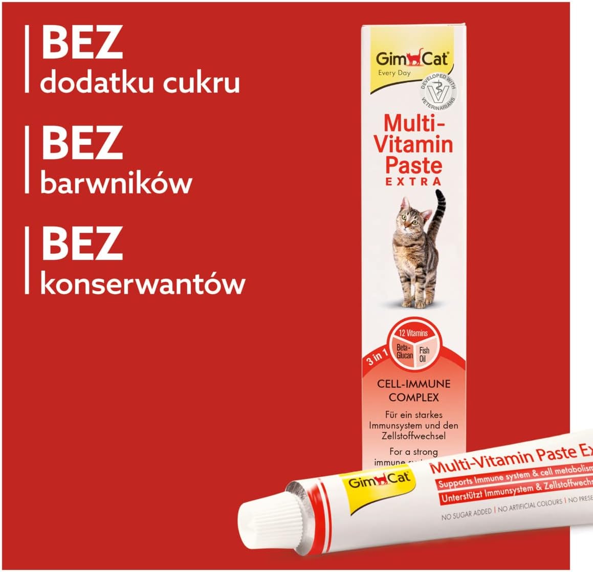 GimCat Multi-Vitamin Extra — мультивитаминная паста — лакомство для кошек с бета-глюканом и жирными кислотами омега-3 и омега-6 для защиты клеток — 1 тюбик (1 × 50 г)