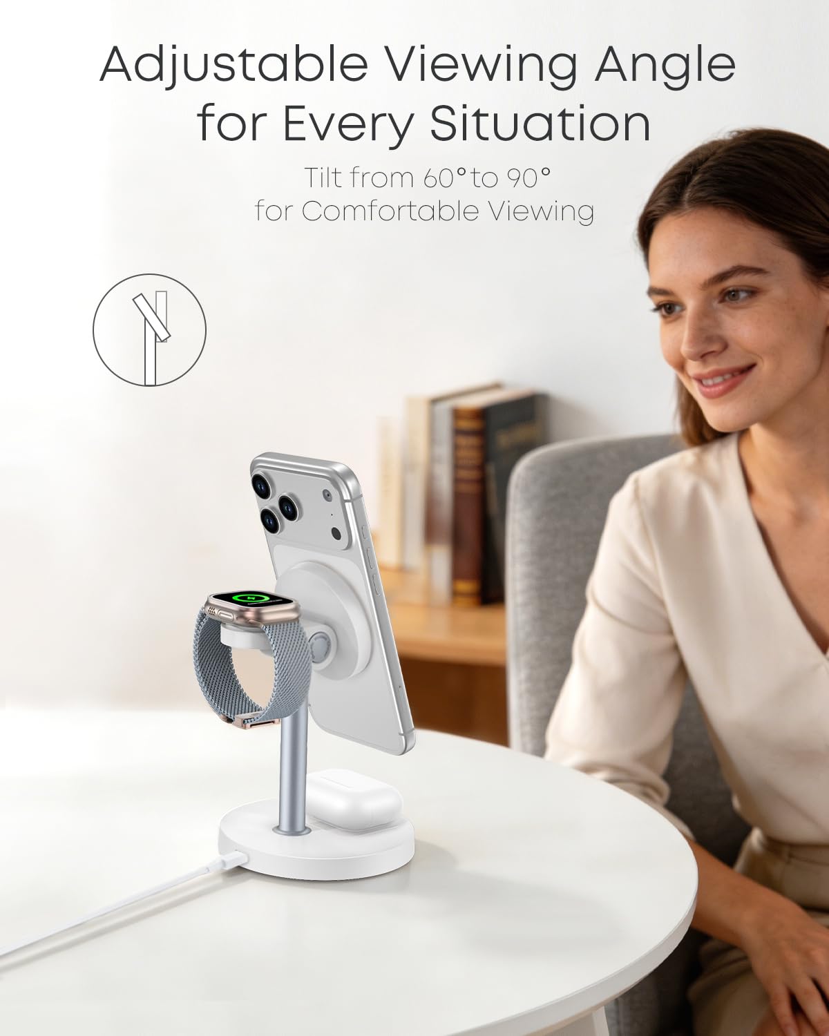 Station de Charge sans Fil 3 en 1 pour Apple Series, Chargeur magnétique Rapide 15 W, Support de Nuit pour Chambre, iPhone 12-16, Apple Watch, Airpods, Cadeaux pour Homme et Femme - Blanc (sans