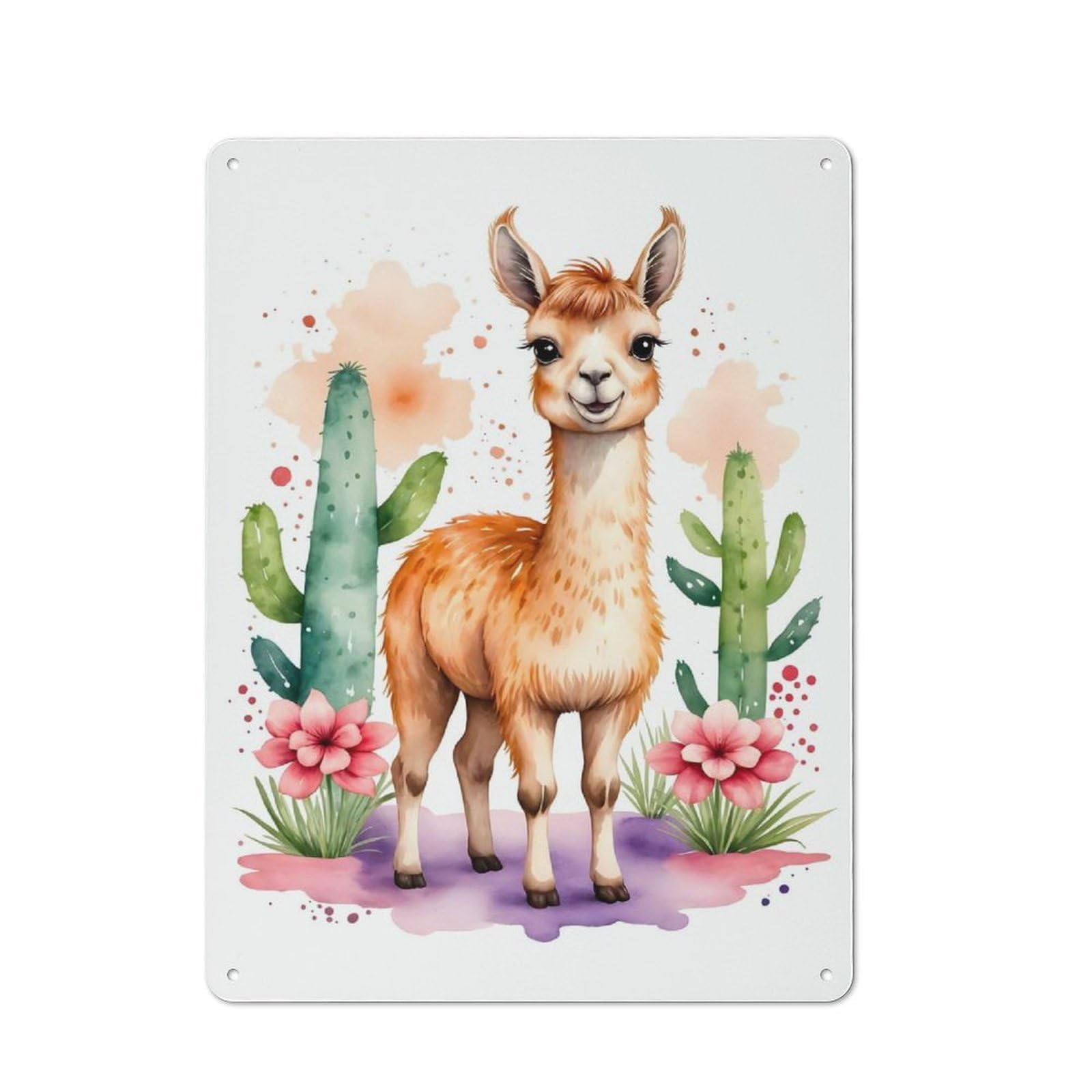 Workshop Style Cute Llama Watercolor Tin Sign 40x30cm, Industrial Wall Art for Garage, Hobby Room, Office Or Man Cave